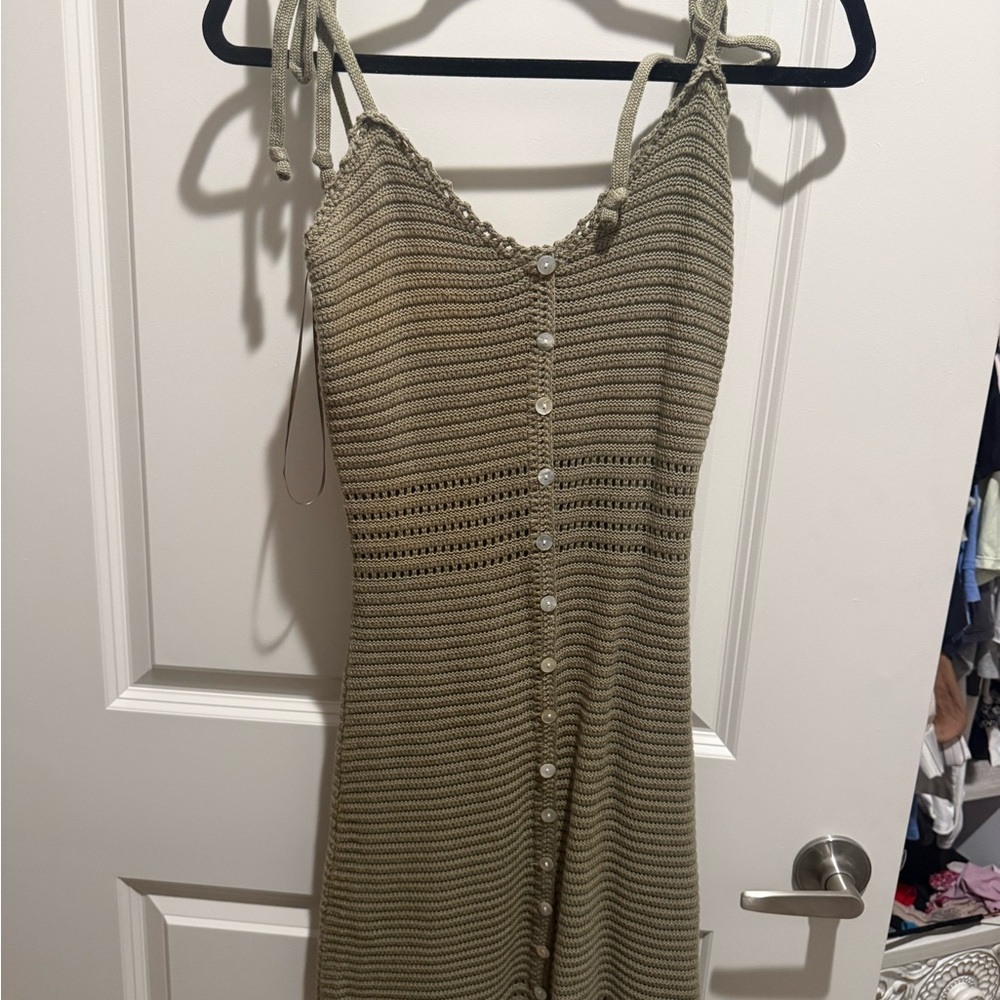 Olive & Oak Crochet Knit Button-Front Midi Dress in Olive